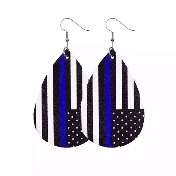 Thin Blue Line Faux Leather Teardrop Earrings - Picture 1 of 3
